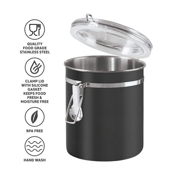 Oggi Stainless Steel Kitchen Canister 36 fl oz, Black - Airtight Clamp Lid, Clear See-Thru Top - Ideal for Kitchen Storage, Food Storage, Pantry Storage. Size 5
